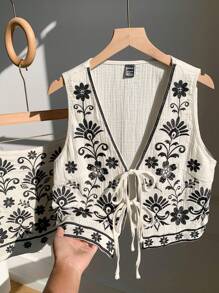 GalTyme Bộ đồ 2 mảnh dành cho nữ cỡ lớn: áo cổ chữ V sâu, thêu hoa, buộc dây phía trước và chân váy ngắn, thích hợp cho kỳ nghỉ hoặc du lịch. - Đen và trắng - Xem 3