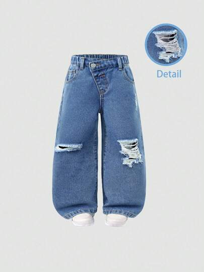 年轻女孩 Y2K 休闲日常百搭不对称腰带做旧宽松阔腿直筒舒适牛仔裤，2025 年新款必备，适合所有季节，日常穿着