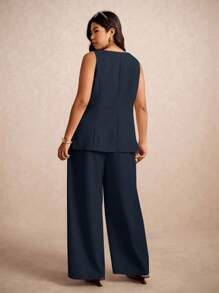 Elaquor Bộ đồ vest nữ dáng rộng màu trơn, áo sơ mi và quần ống đứng đi làm thường ngày - Màu xanh hải quân - Xem 2