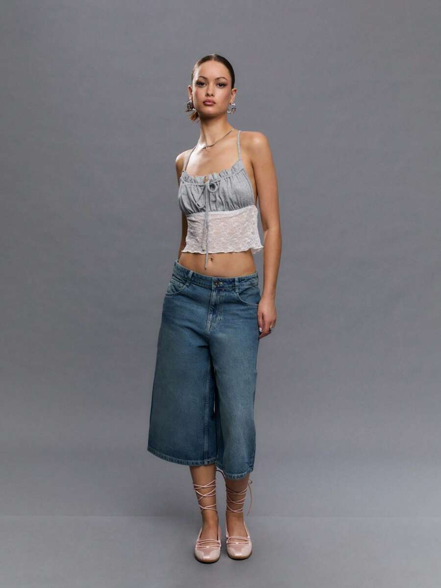 TypaGal 女士休闲时尚夏季蕾丝拼布吊带背心 - 灰色 - 查看 1