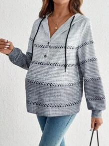 SHEIN Autumn And Winter  Maternity Autumn New Knitted Striped Hooded Sweatshirt