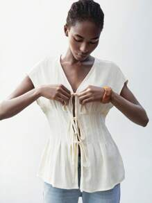 Maija Áo cánh vải lanh cotton màu mơ cổ chữ V thắt nơ phía trước cho nữ, áo hàng ngày phong cách Bohemian cho kỳ nghỉ hè, lãng mạn, thời trang, đa năng; thích hợp cho kỳ nghỉ hè, thoải mái, phong cách Bohemian, trang phục đi biển, đồ bơi che thân, phong cách, thanh lịch, giản dị, trang phục hàng ngày đơn giản - trắng - Xem 5