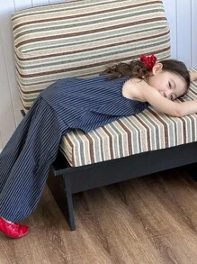 Dazy Kids 韩版少女吊带条纹休闲无袖背心和宽松阔腿牛仔裤两件套