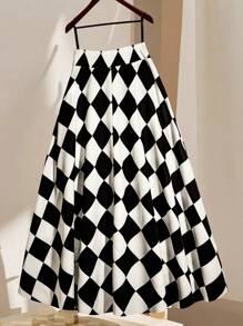 Franclia Falda elegante de cintura alta con pliegues y patrón de rombos para mujer - Blanco y Negro - Ver 2