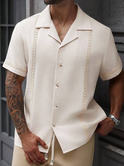 Manfinity CasualCool Camisa de manga corta con cuello mao y botones para hombres, ideal para vacaciones