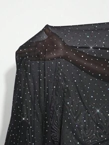 SHEIN SXY Plus Size Women's Sexy Party Tight Black Mesh Splicing Sequins Tight Fitted Short Sleeve Black Bodycon Dress, Suitable For Everyday Wear, Festival, Date Night, Birthday, Bachelorette Party Outfit, Wedding, Elegant, Casual, Shopping, Streetwear, Going Out, Easy To Match & Looks Slim, Accent Your Body, Flatter The Figure - Black - View 8
