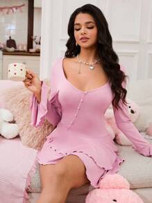 SweetSlumber Sweet INS Style Ruffle Hem Soft Women Home Nightgown, Fall, Winter - Pink - View 4