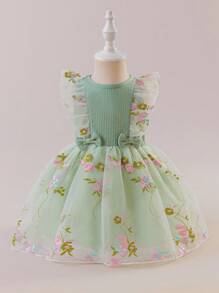 Glamorique Kids Robe de fête de demoiselle d'honneur pour filles bébé, nouvelle robe de printemps/été en tricot avec manches courtes, taille avec broderie, maille élégante et fleurs mignonnes pour mariage - Vert menthe - Voir 7