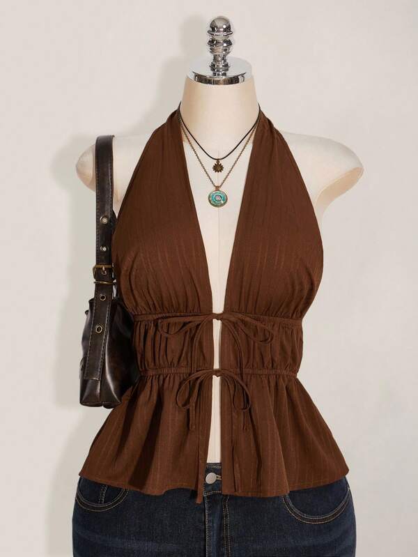 SHEIN ICON Plus Size Brown Woven Fabric Tank Top With Flared Hem And Tie Waist Detail Brown Peplum Top