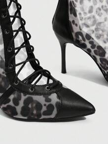 CUCCOO SZL Women's Pointed Toe Leopard Print Mesh High Heel Boots, Fashion Comfortable For Party And Nightclub, With Lace-Up And Back Zipper