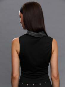 TypaGal Women's Striped Waisted Casual Sleeveless Blouse - Black - View 2