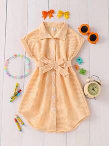 SHEIN Vestido de manga corta con cuello polo, cuello de tirantes cortos y cómodo para niña, adecuado para uso diario, de vuelta a la escuela - Amarillo - Ver 2