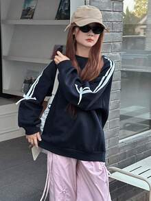 少女宽松休闲抓绒卫衣，运动撞色抽绳卫衣，秋冬季 - 藏蓝色 - 查看 3