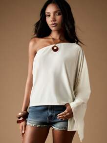 MISSGUIDED One Shoulder Draped Asymmetric Poncho Blouse With Billowing Sleeve Elegant Evening Cocktail Party Occasion Wear Resort Spring Summer Collection