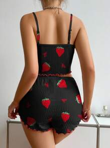 Women's Strawberry Print Camisole And Shorts PJS Strawberry Short Sets For Women Two Piece Set Women Summer Two Piece Night Set - Black - View 2
