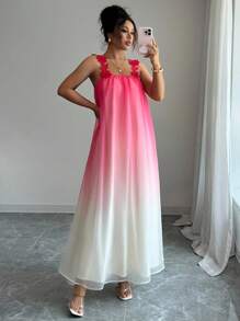 Elenzga Vestido de tirantes de encaje de estilo de vacaciones con degradado de colores para mujer - Multicolor - Ver 3