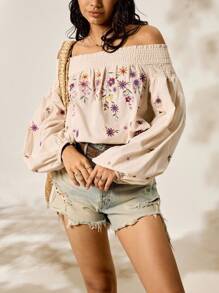 Easelle Áo sơ mi Bohemian phương Tây rộng rãi thêu tay đèn lồng phía trước - Màu be - Xem 5