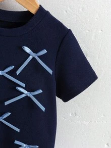 Young Girl Bow Decor Stripe Ruffle Hem Short Sleeve Casual Dress Navy Blue Dress For Girls Blue And White Striped Dress For Girls Girls Dress With Bows Kids Summer Dress Cotton Dress For Girls - Multicolor - View 4