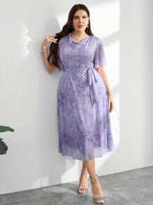 Modelyn Plus Size Elegant All-Over Print Cowl Neck Summer Dress - Purple - View 2