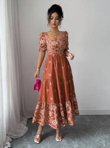 Elenzga Váy chữ A cổ vuông xếp ly eo dành cho nữ, họa tiết hoa, thanh lịch cho ngày lễ và đi làm thường ngày, tay ngắn - màu nâu - Xem 4