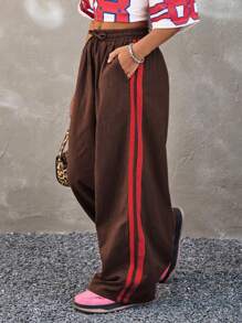 Coolane Kids 青少年女孩松紧腰拼接织带宽松街头风裤子，适合所有季节 - 咖啡棕 - 查看 2