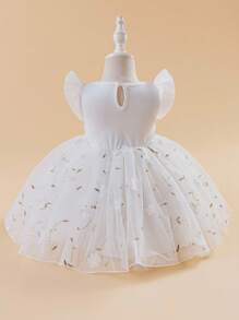 Glamorique Kids 女孩/婴儿公主裙、花童生日派对婚礼场合礼服、3D 刺绣薄纱网、白色薄纱、泡泡袖、针织面料、四季皆宜 - 白色 - 查看 2