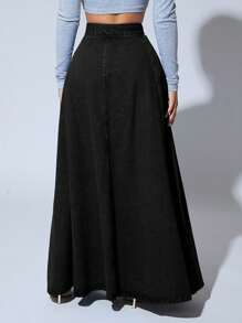 SHEIN SXY Casual Washed High Waist Extra Long Denim Skirt - Black - View 6