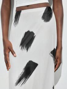 Maija Gonna elegante estiva da donna, in bianco con stampa nera, vita elastica, orlo spacco, stile minimalista, adatta per l'ufficio