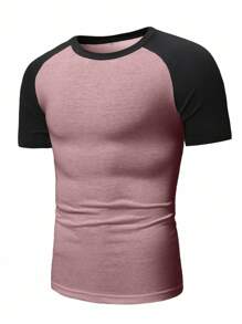 EURMUSE Camiseta de manga raglán con bloques de color 100% algodón para hombres - Rosa - Ver 4