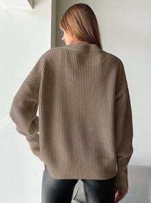 EURMUSE Women Casual Simple Solid Color Ribbed Drop Shoulder Loose Knit Sweater - Mocha Brown - View 2
