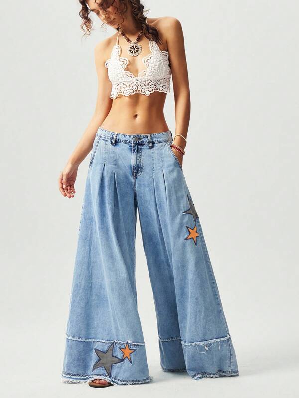 Bohemela Boho Denim Casual Vacation Style Western Cowgirl Solid Woven Wide Leg Pants With Star Embroidery, Loose Fit For Women,Cargo Pants