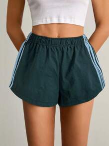 SHEIN Tall 女士侧条纹松紧腰休闲宽松短裤夏季女士短裤 - 藍色 - 查看 5