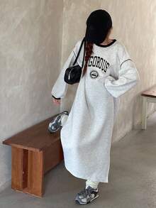 DAZY Mädchen Teenager Lässiges Langkleid mit Buchstaben-Muster, thermisch gefüttert, locker geschnitten, Herbst - Grau - Übersicht 1
