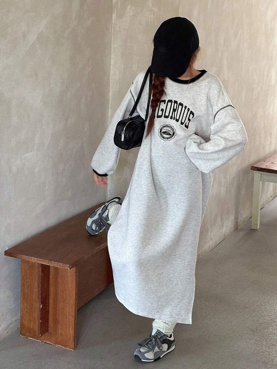 DAZY Mädchen Teenager Lässiges Langkleid mit Buchstaben-Muster, thermisch gefüttert, locker geschnitten, Herbst - Grau - Übersicht 1
