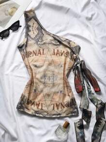 INAWLY Women's Vintage Print Asymmetric Shoulder Tank Top, Summer - Multicolor - View 1