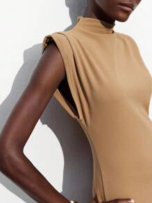 Maija Mocha Color Wide Shoulder Design Multifunctional Modern Urban Style Fashion Fitted Turtleneck Elegant Office Dress, Old Money Style, Office/Casual Wear, Summer - Khaki - View 6