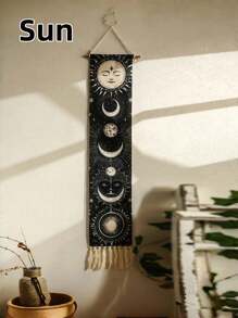 ROMWE Goth 1pc Decorative Tapestry ,Decorative Hanging Flag With Tassels,Bohemian Sun And Moon Hand-Woven Printed Pattern Fringed Tapestry, Simple Studio Living Room, Background Wall Decoration Holiday Gift Pendant,Home Decor - Black - View 10