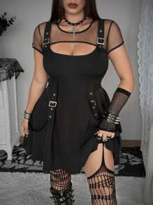 SHEIN Whyspr 大码深色网眼拼布二合一连衣裙 - 黑色 - 查看 5