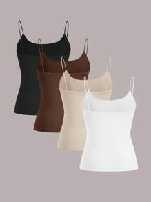 SHEIN EZwear 4 Set 4 Pairs Assorted Black, Brown, Beige, White Basic Camisole Tops, Suitable For Summer Back To School - Multicolor - View 2