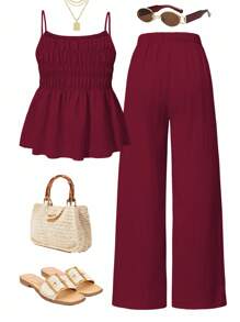 Sparklyn 2pcs Set For Teen Girl Camisole Tank Top With Shirred Waist And Straight Leg Wide Pants, Woven Fabric, Casual Summer Outfit - Burgundy - View 2