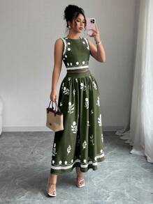 Elenzga Women Floral Print Crew Neck Sleeveless Top And Pleated Mini Skirt 2pcs Set, Fashionable