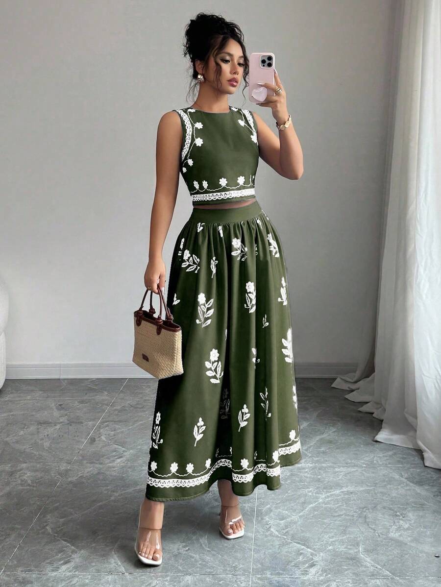 Elenzga Women Floral Print Crew Neck Sleeveless Top And Pleated Mini Skirt 2pcs Set, Fashionable