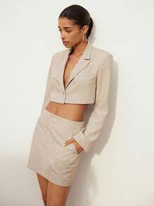 Maija 2025 Summer New Beige Cropped Turn Down Collar Elegant Casual City Commute Festival Beach Vacation Daily Romantic Urban Vacation Suitable For Outings, Gatherings, Weddings, Graduation, Guest Women Blazer - Khaki - View 5