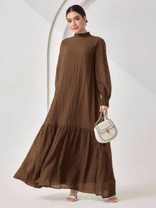 Women's Elegant Solid Color Stand Collar Dress - Coffee Brown - View 3