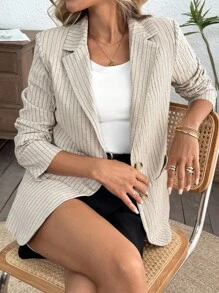 SHEIN LUNE Casual Women's Cotton Linen Striped Blazer, Cotton Back To School Teacher Fall Business Casual Fall Office Winter Lounge Work Teacher Old Money Style Old Money Travel Airport Office Winter Fall
