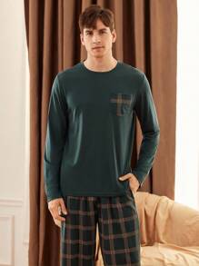 2pcs Men's Patchwork Pocket Long Sleeve Top And Plaid Long Pants Loungewear Set  Cozy And Elegant Details, Fall Clothes