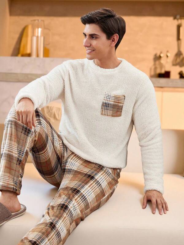 Manfinity Underwear&Sleepwear Basics Męski, swobodny dres w kratę z kieszeniami z polaru, domowy strój na zimę, ubrania jesienno-zimowe, puszysta piżama