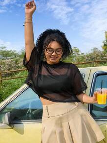 SHEIN EZwear Plus Size Women's Round Neck Short Sleeve See-Through Mesh Black Fashionable Streetwear Pullover Top, For Summer - Black - View 5