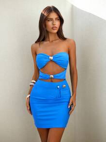 Bonvoyette 1 Piece Women Beach Resort Solid Color Metal Decor Swimsuit 2 Pieces Set For Summer Beach Vacation - Blue - View 7