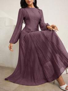 Veilorie 3/4 袖高领腰部褶饰优雅百搭连衣裙 - 紫色 - 查看 1